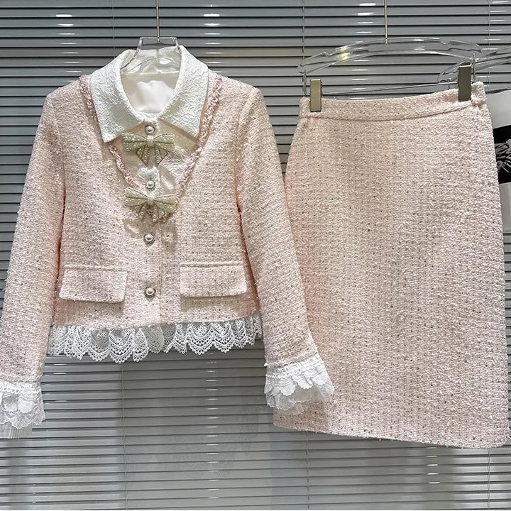 Autumn Winter New Fashion Sweet Pearl Bow Tie Down Short Coat Midi Skirt Tweed Two-pieces Set For Women 11A07717