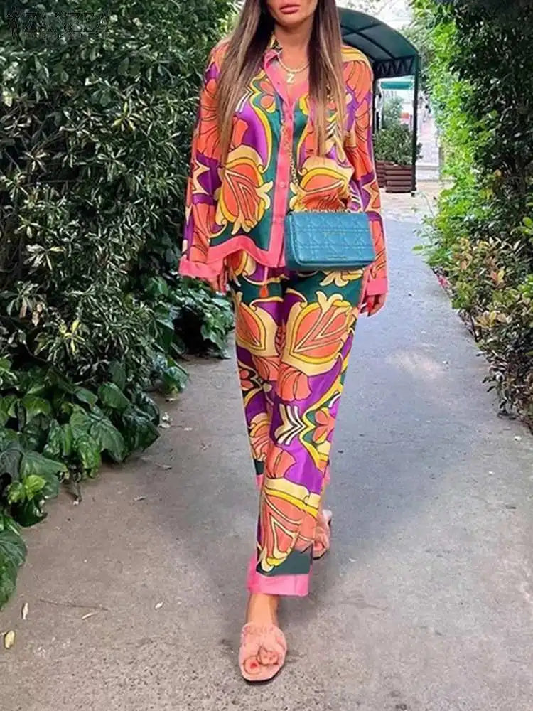 Women Printed Long Sleeve Blouse and Loose Pants Casual Outfits Loose Streetwear Loungewear Oversized ZANZEA Set Tracksuits Orange