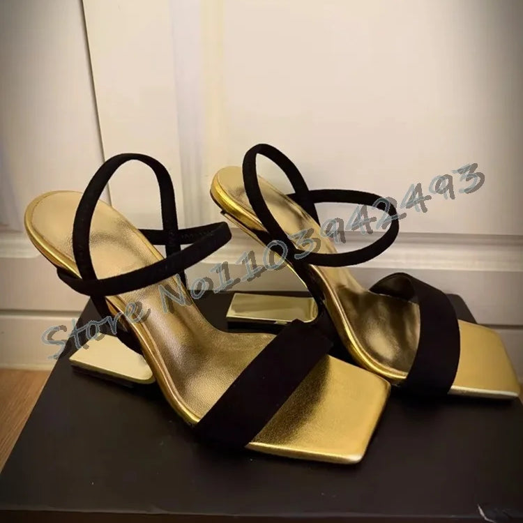 Metallic Golden Heels Strappy Fretwork Heel Square Toe Heeled Sandals Summer Solid Strange Style Shoes One Strap Shoe Size 41 Gold