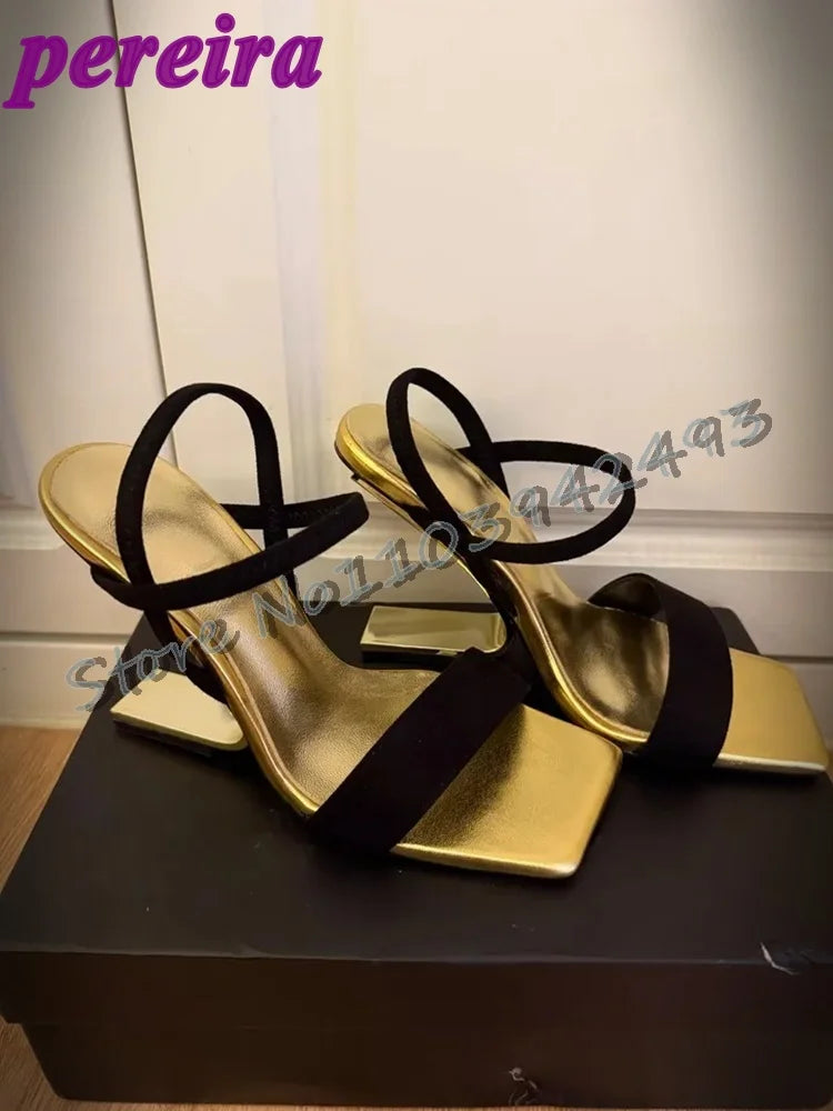 Metallic Golden Heels Strappy Fretwork Heel Square Toe Heeled Sandals Summer Solid Strange Style Shoes One Strap Shoe Size 41 Gold