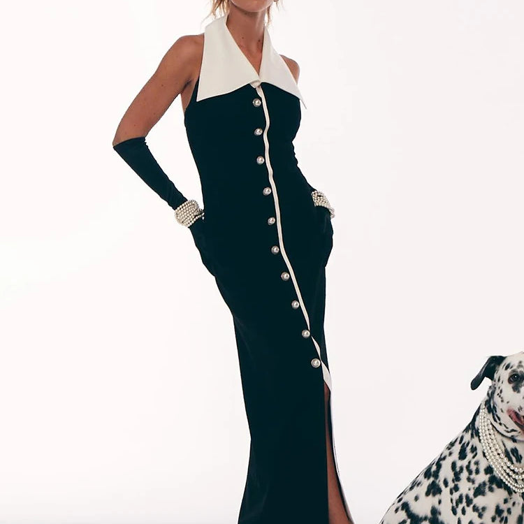 Formal Pearl Button Pleat A-line Black Midi Dress Color Contrasting Turndown Collar Single Breasted Party Evening Gowns