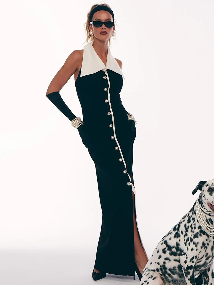 Formal Pearl Button Pleat A-line Black Midi Dress Color Contrasting Turndown Collar Single Breasted Party Evening Gowns