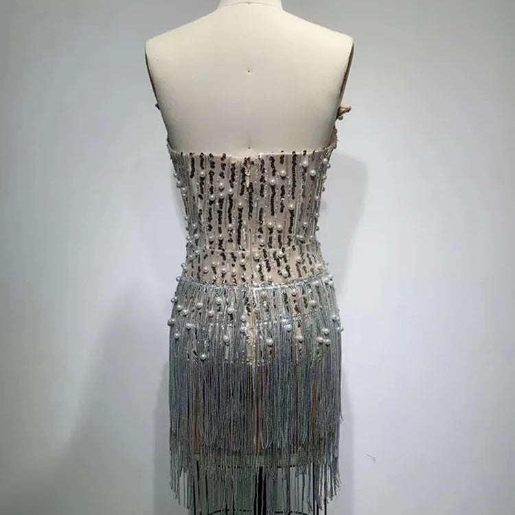 Shinning Rhinestones Peral Beading Sexy Bodycon Mini Dress Women Off the Shoulder Tassel Fashion Celebrate Birthday Party Dress
