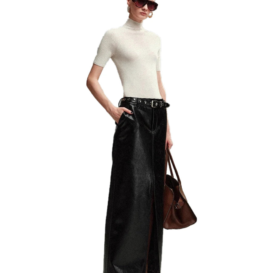 Lautaro Spring Autumn Shiny Black Pu Leather Maxi Skirt Women with Front Slit High Waist Extra Long Luxury Designer Clothes 2025