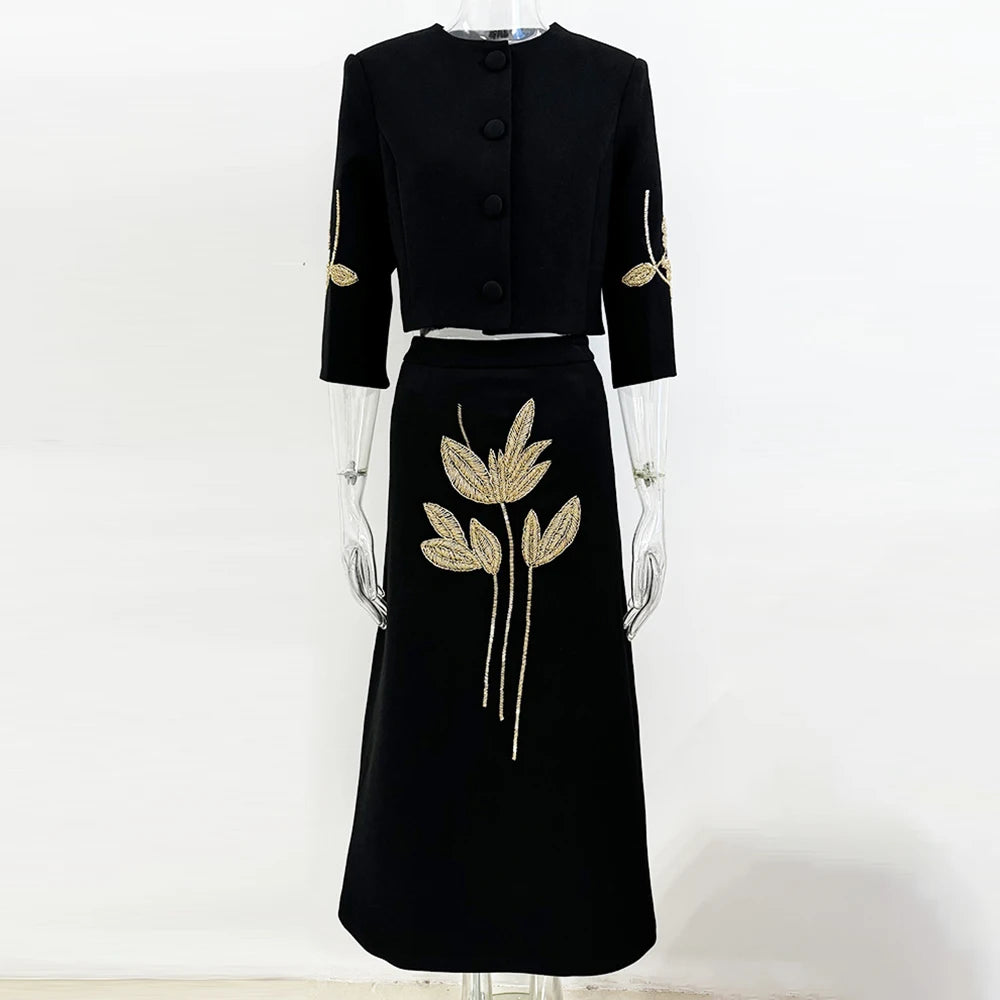 Colorblock Chic Two Piece Sets For Women O Neck Half Sleeve Coat High Waist Skirt Elegant Set Female Fashion Style BLACK