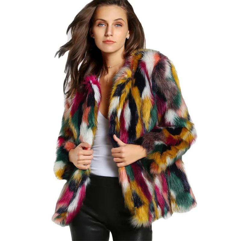 Colorful Fur Jacket Fake Fur Long Sleeve Collarless Casual Women's Winter Coat OL Commute Style Artificial Fur Outerwear