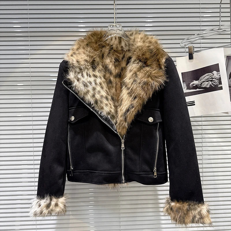 Winter New Trendy Fashion Leopard Print Fur Collar Suede Thickened Jacket For Women Warm Coat Female Trend 11A07449 Black Leopard One Size