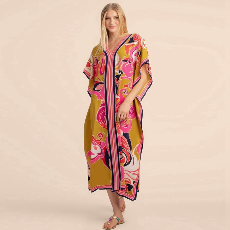 Printed Kaftans Beach Cover Up Seaside Maxi Bohemian Dresses Beachwear Pareo 2 One Size