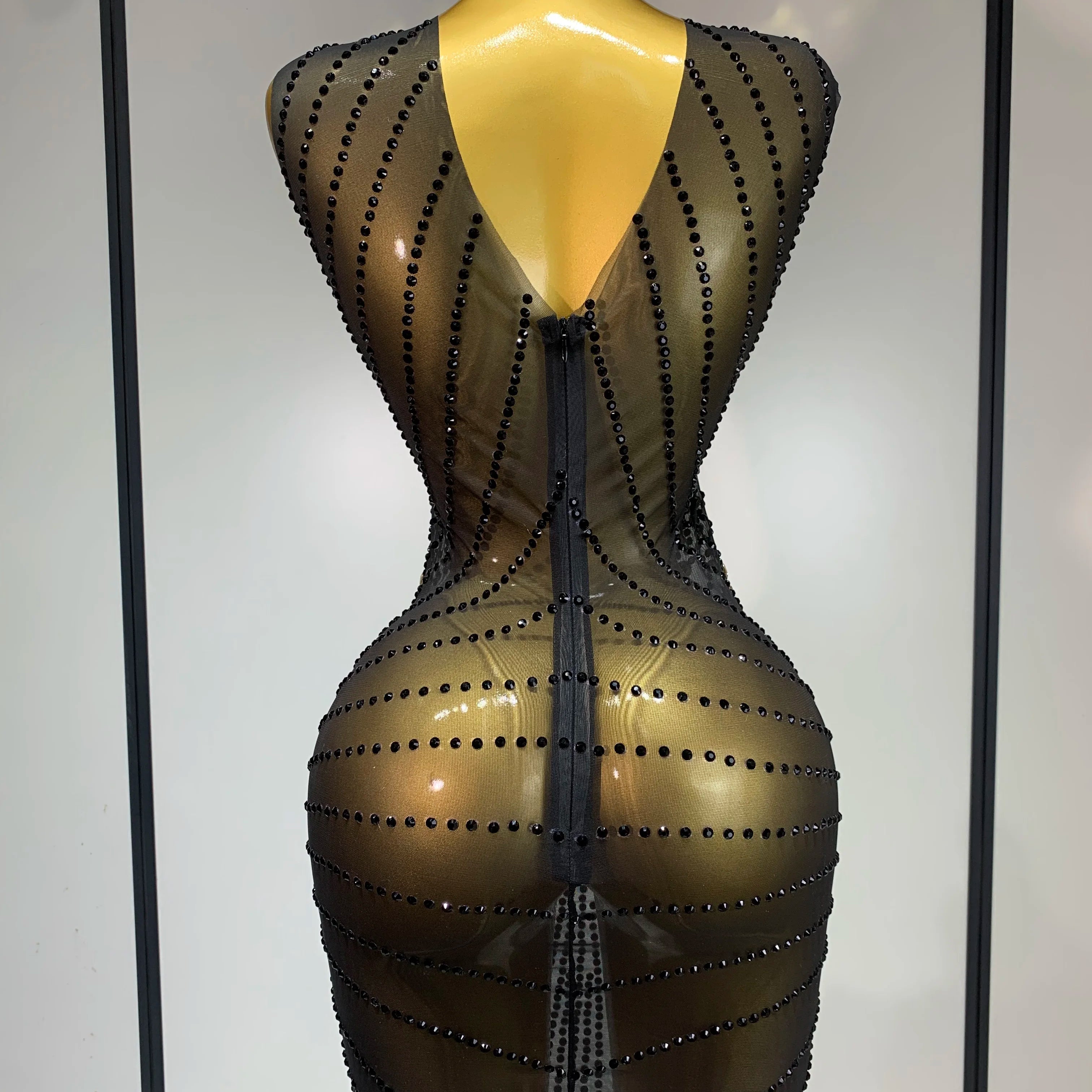 Sparkly Gold Rhinestone Transparent Sleeveless Mini Dress Evening Birthday Celebrate Party Nightclub Dance Performance Outfit