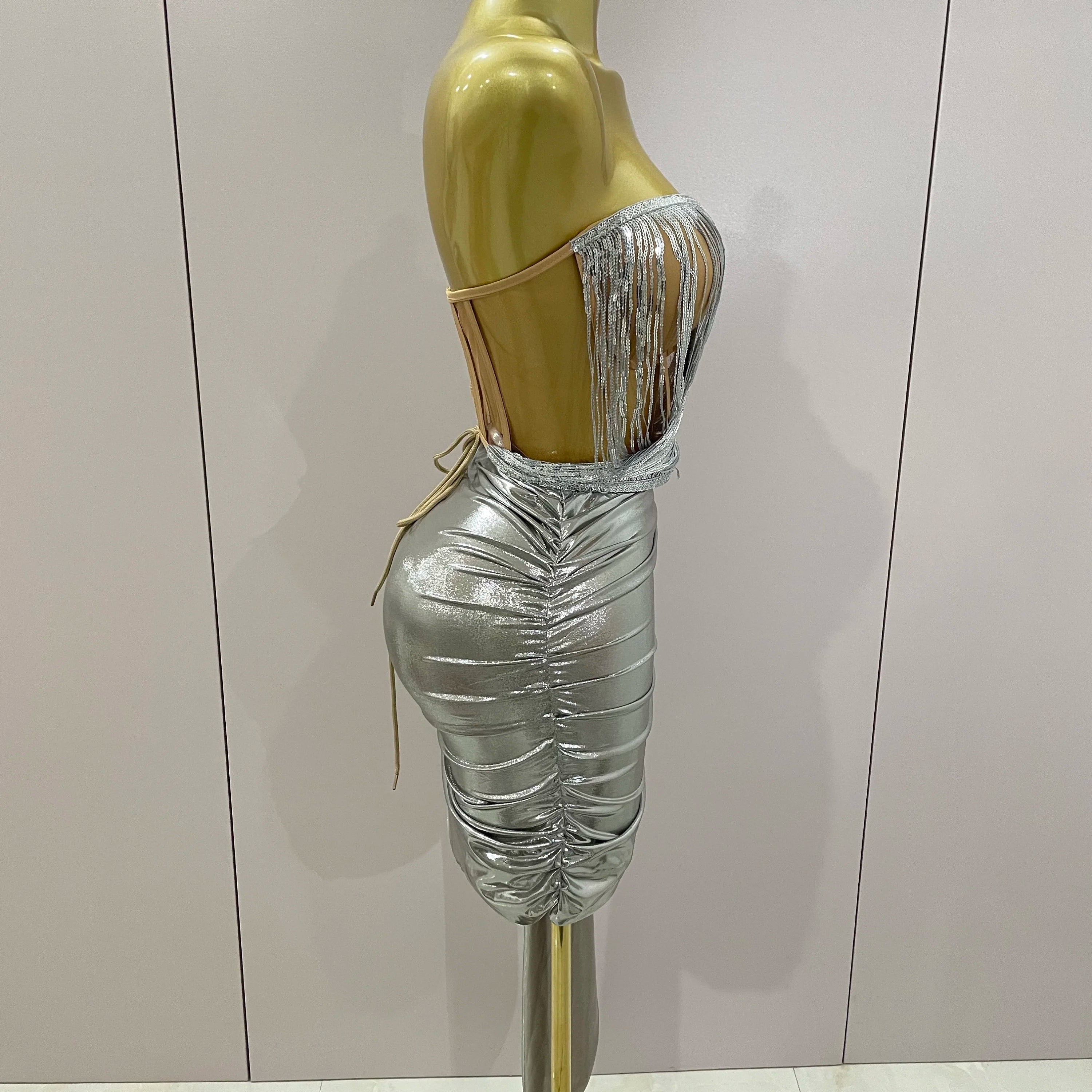 STOCK 2025 New Sexy Strapless Sequin Top Short Skirt 2 pcs Set Women Party Celebrate Nightclub Singer Performance Stage Outfit