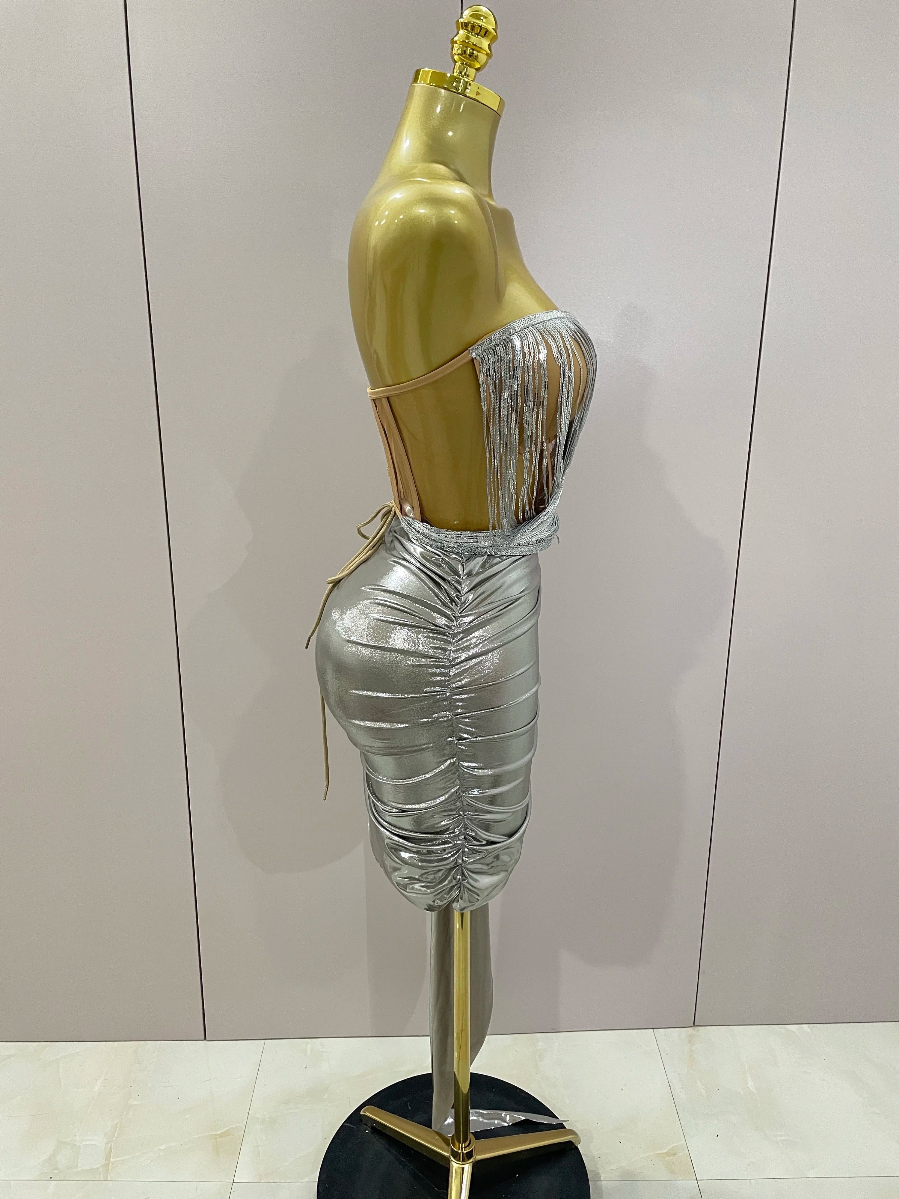 Stock Shiny Silver Sequin Tassels Mini Dress 2-piece Set 2025 New Women Evening Birthday Party Club ShootPhoto Stage Costume