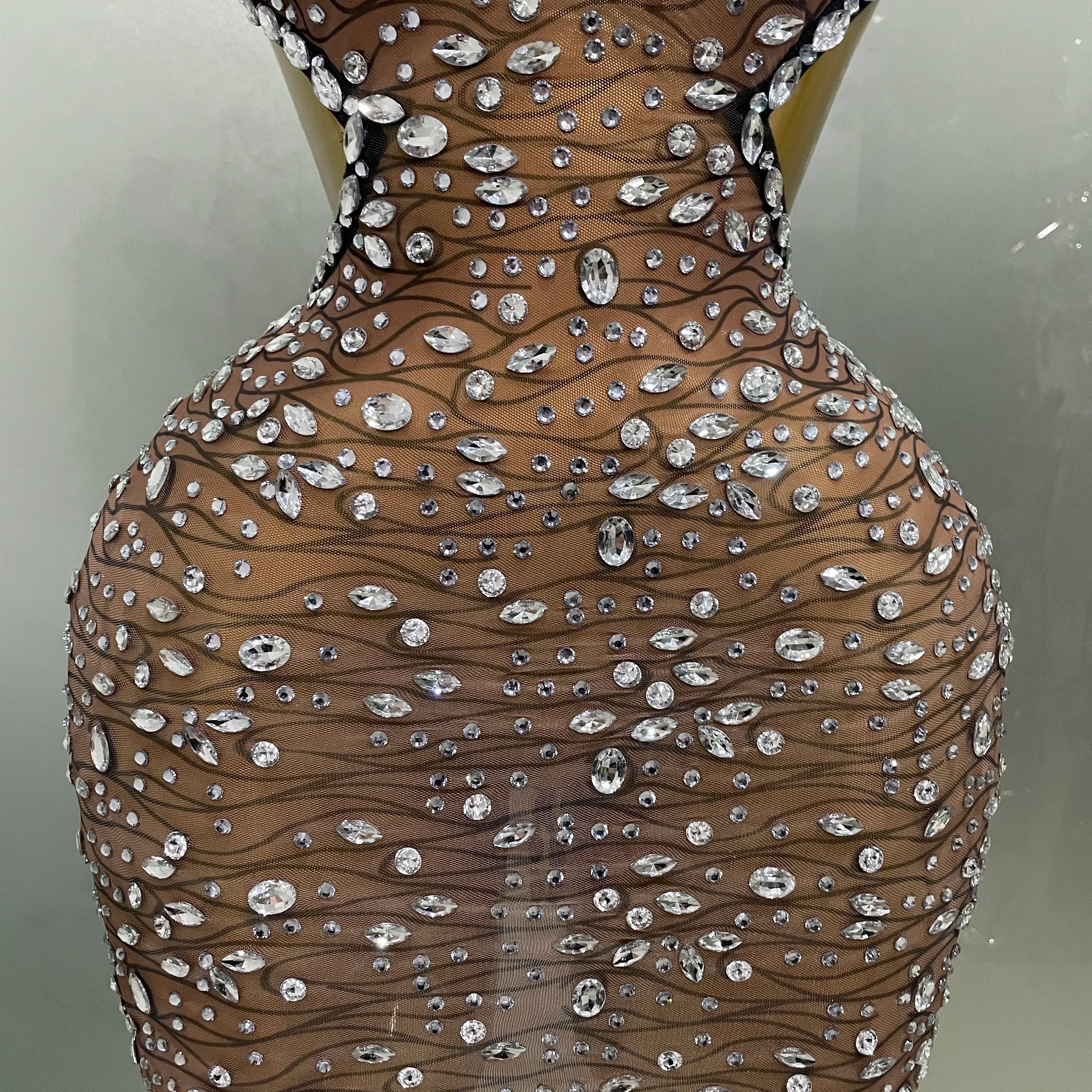 2025 New Sexy Shiny Diamond Hollow Out Backless Short Dress Women Evening Celebrate Prom Birthday Party Nightclub Stage Costume