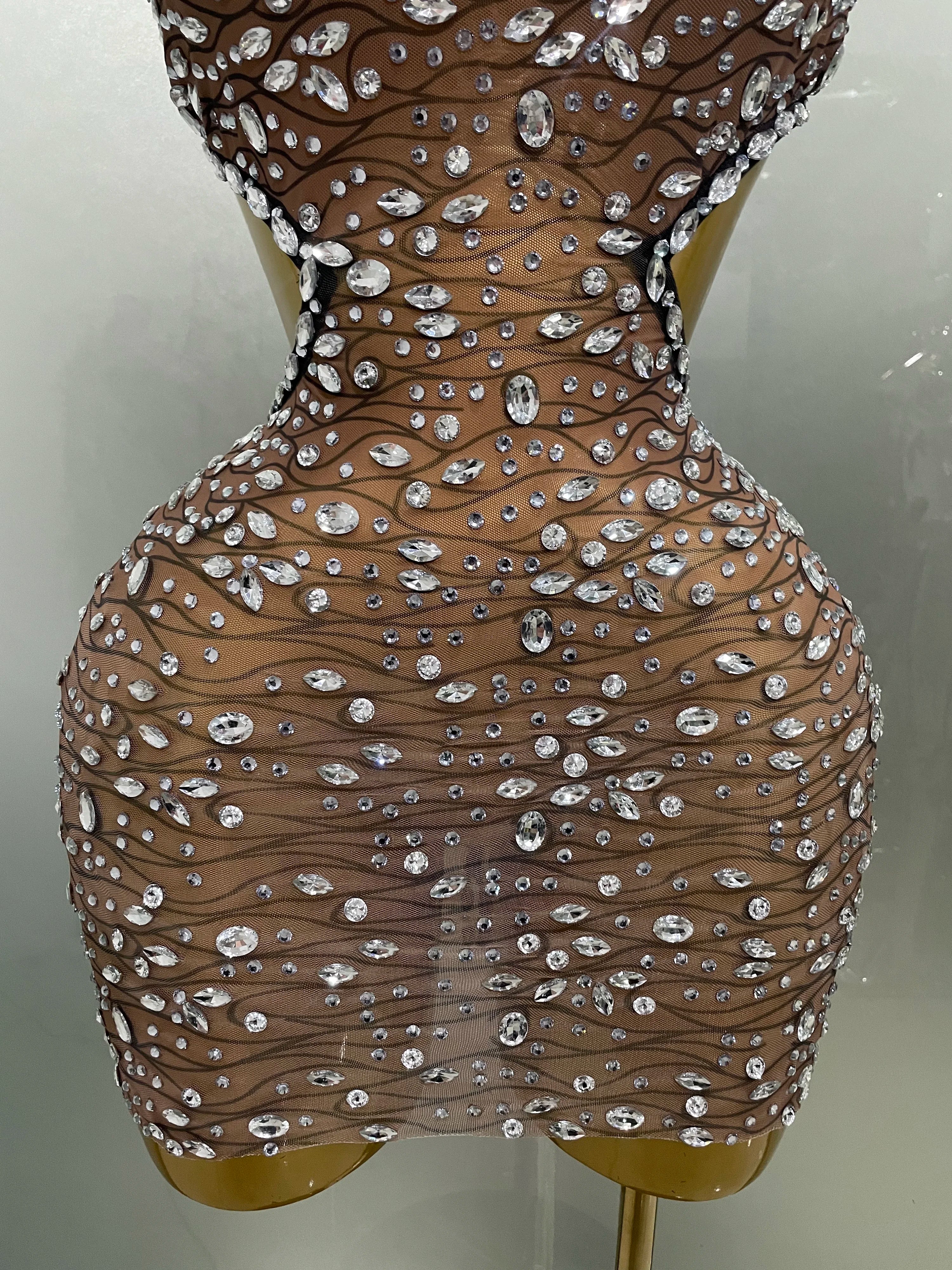 2025 New Sexy Shiny Diamond Hollow Out Backless Short Dress Women Evening Celebrate Prom Birthday Party Nightclub Stage Costume