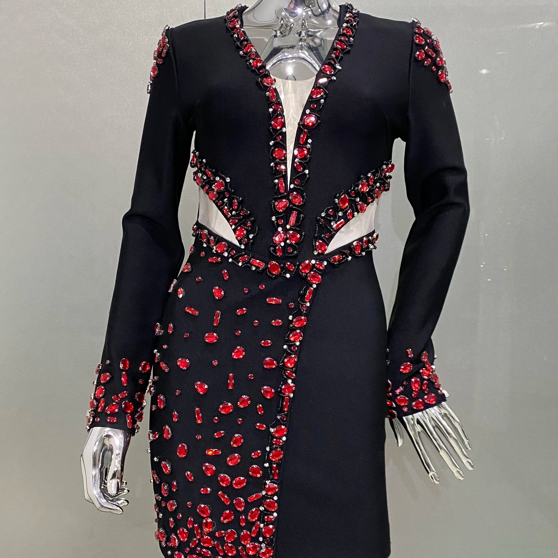 STOCK Red Diamonds Beading Sexy Hollow Out Black Mini Bandage Dress Luxury Woman Evening Party Dress Birthday Party Outfit