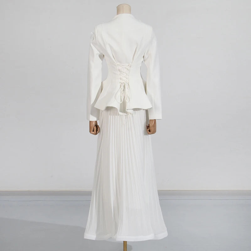 Solid Two Piece Sets for Women V Neck Ling Sleeves Spliced Applique Top High Waist Patchwork Folds Skirt Set Female