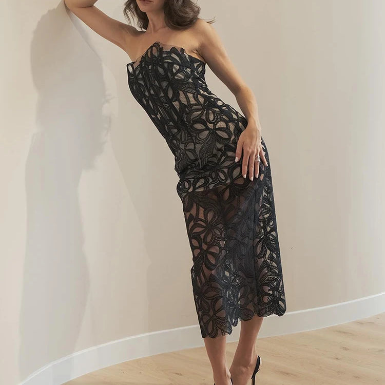 Elegant Black Strapless Backless Sheer Lace Midi Dress Cocktail & Evening Party Glam Gown