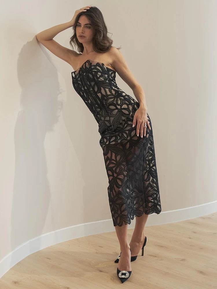 Elegant Black Strapless Backless Sheer Lace Midi Dress Cocktail & Evening Party Glam Gown