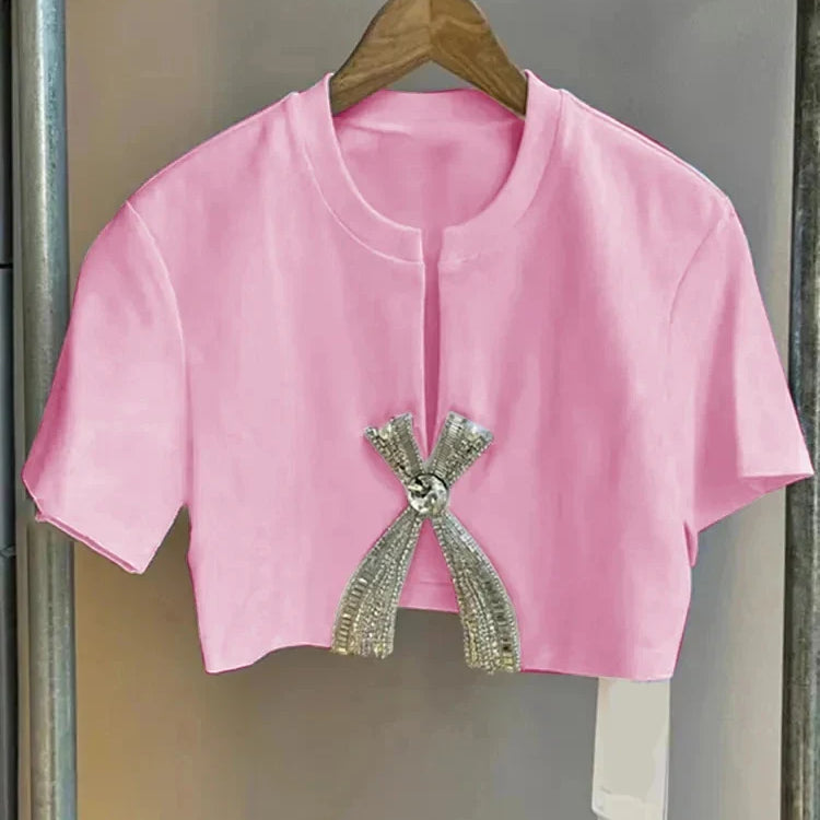 VGH Solid Patchwork Diamonds Split T Shirt For Women Round Neck Short Sleeve Slimming Minimalist T Shirts Female Fashion Style PINK