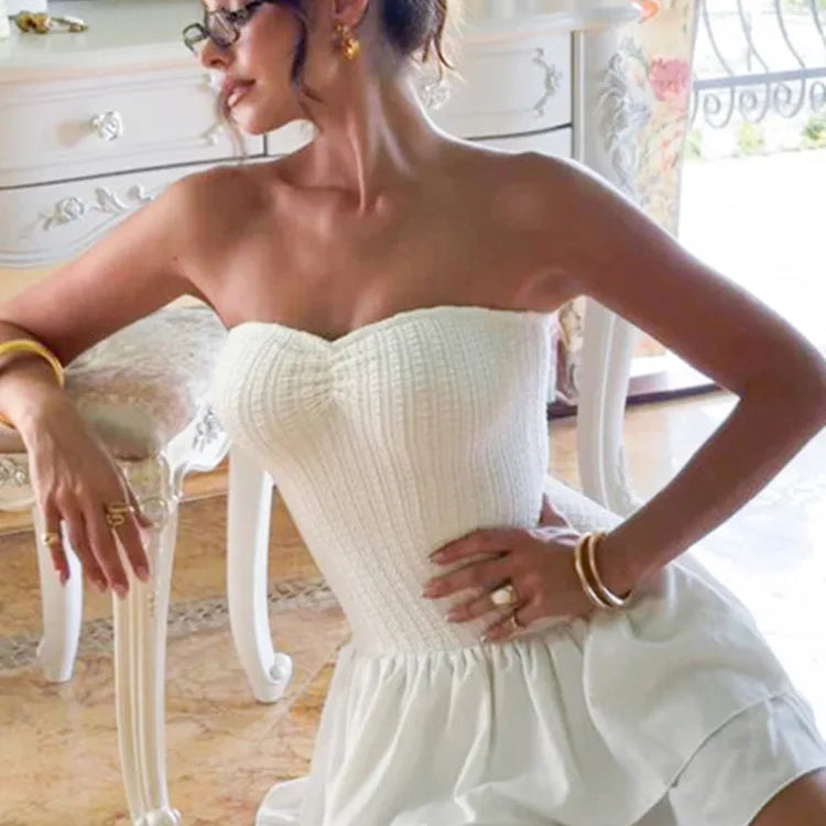 Mozision Off-shoulder Strapless Sexy Mini Dress For Women White Spaghetti Strap Sleeveless High Waist A-line Cake Dress Vestido