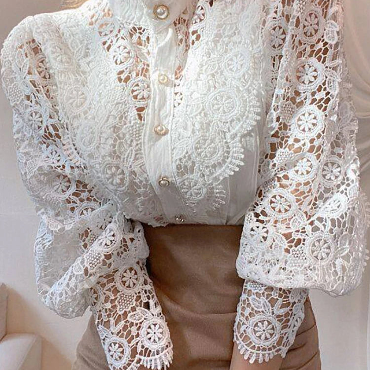 Women Chiffon Button Turtleneck Shirt Chic Elegant Floral Lace Fluffy Long Sleeve Top Fashion Hollow Oversize White Blouse 2025 WHITE