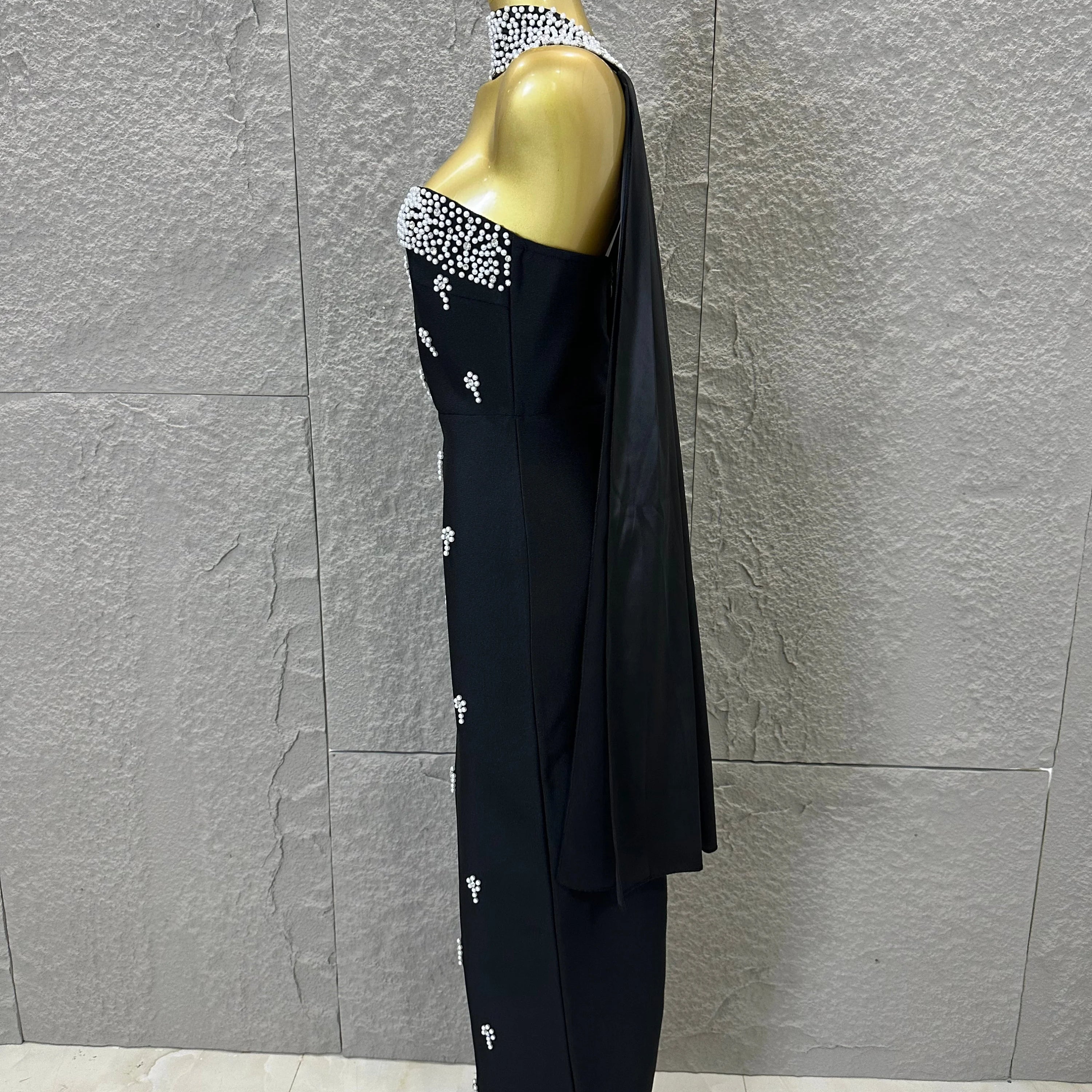 Sexy Black Pearl Studded Maxi Dress Halter Cape Bandage Bodycon Stage Birthday Party Nightclub Celebrate Photo Shoot Out
