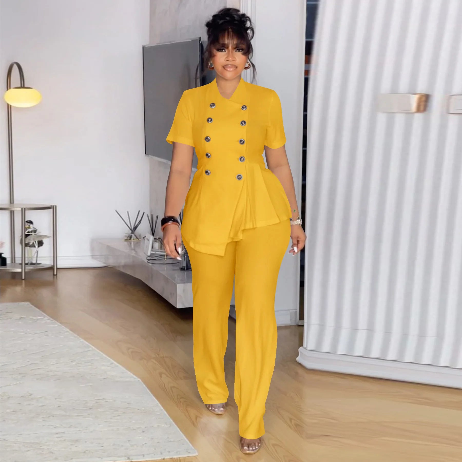 Plus Size Summer 2 Two Piece Set Women Irregular Ruffle Pleated Fashion Ladies Blouses Casual Bodycon Woman Pencil Pant Yellow