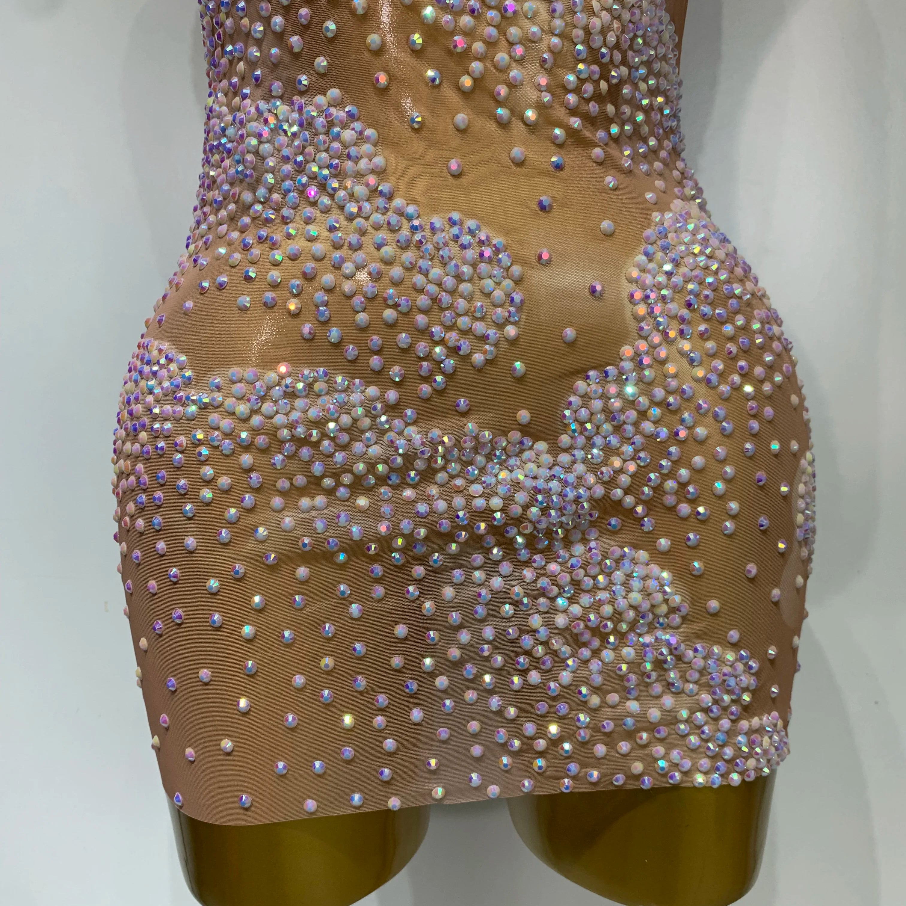 Women Sexy Mesh See Through Mini Dress Celebrate Birthday Evening Party Dress Luxury Rhinestones Stage Performance Costume