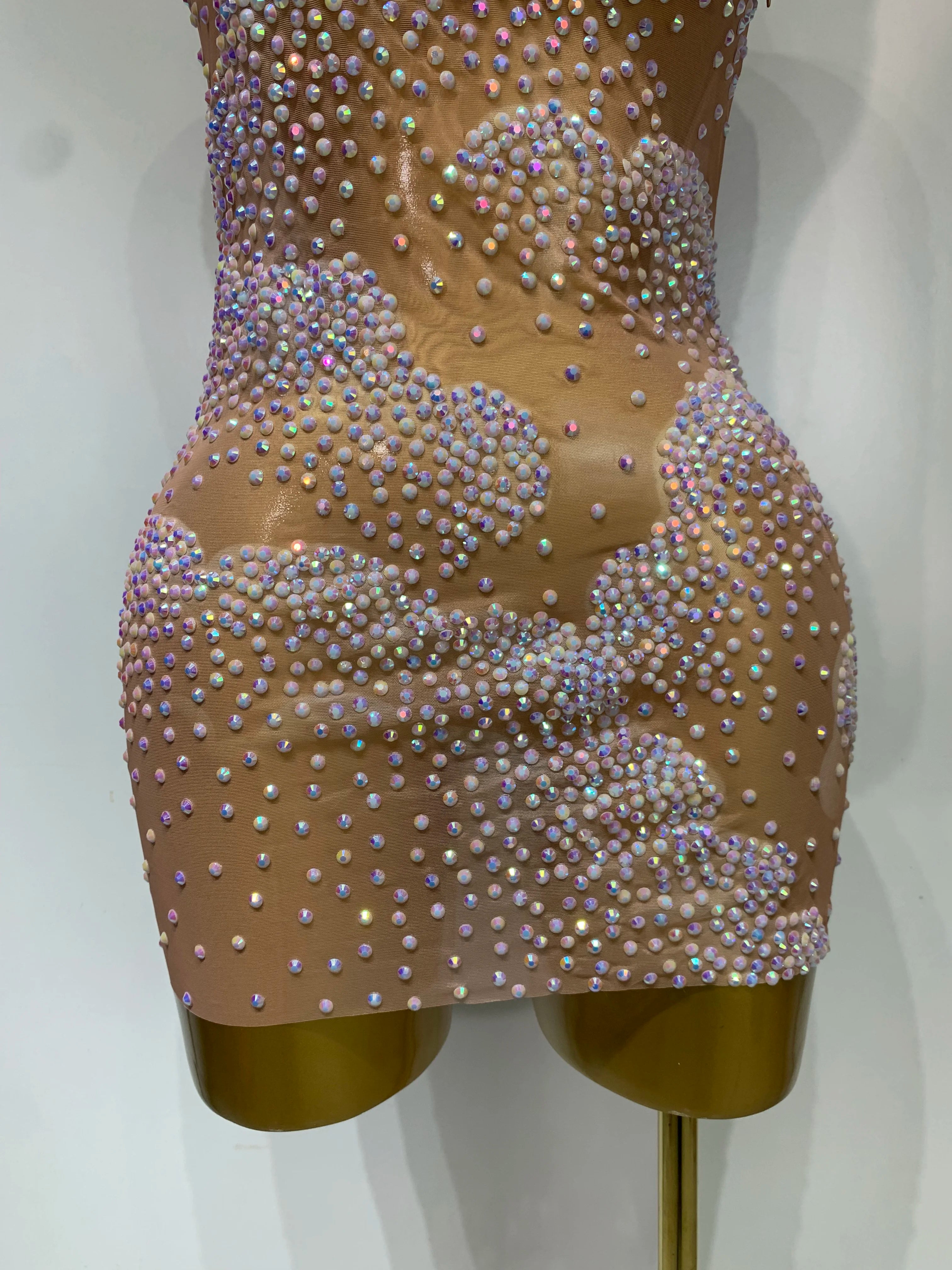 Women Sexy Mesh See Through Mini Dress Celebrate Birthday Evening Party Dress Luxury Rhinestones Stage Performance Costume