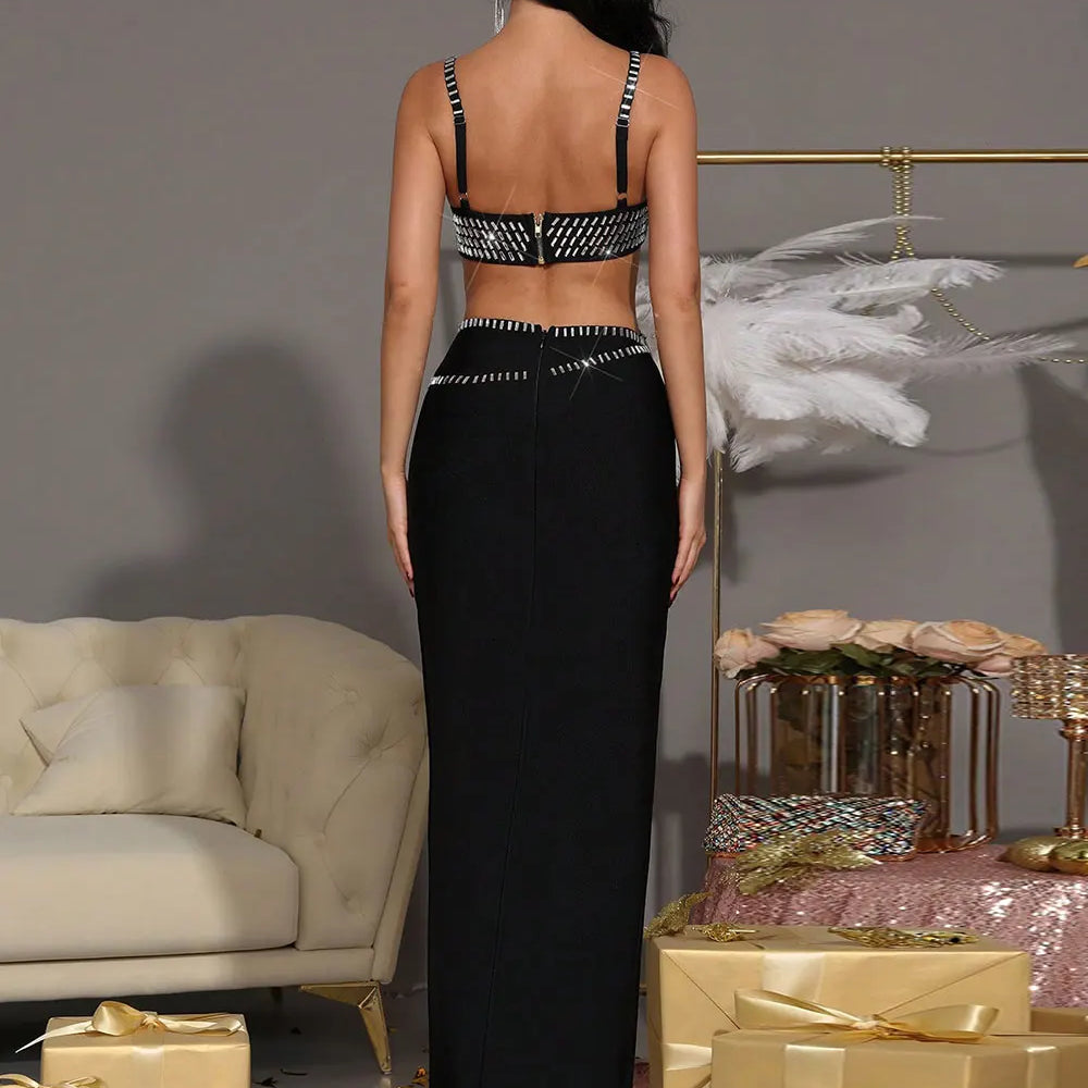 2025 Sexy Women's Nail Bead Design Bandage Dress Strapless Sleeveless Bodycon Backless Long Dress Cocktail Dinner Dress Vestitos