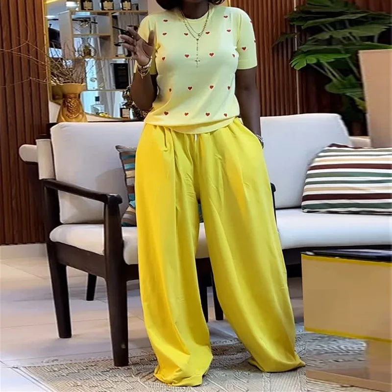 Fashion Women's Set Love Short Sleeve T-shirt and Wide Leg Pants 2025 Summer Active Two 2 Piece Sets Outfit Tracksuit Yellow