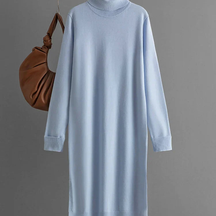 Streamgirl Autumn Turtleneck Slit Dresses For Women Winter Solid Casual Straight Basic Knitted Sweaters Dress Women Elegant Light Blue One Size