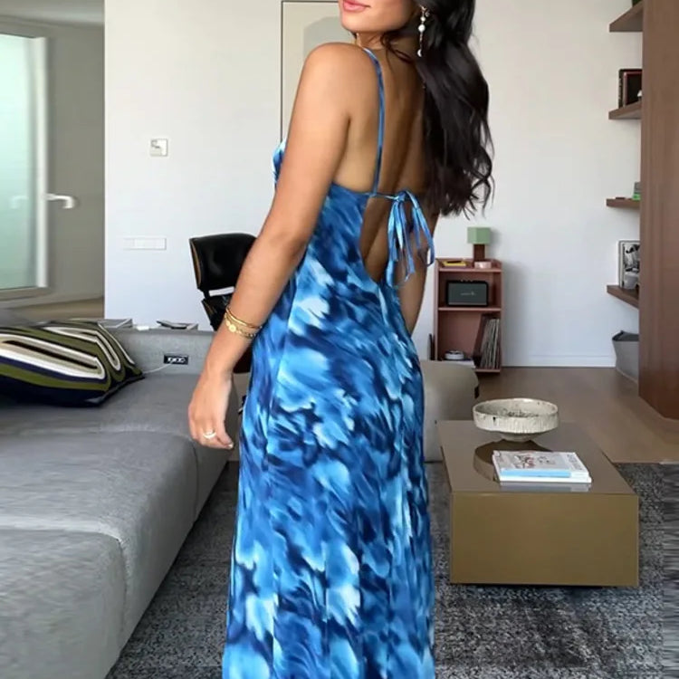 Halter Backless Print Sexy Maxi Dress For Women Gown Elegant Blue Printed Lace-up Sleeveless Evening Long Dress