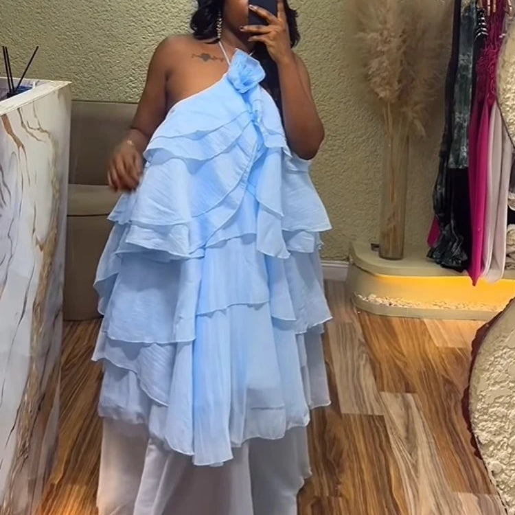 Women Sleeveless Ruffles Loose Ball Gown Smock Strap Maxi Long Sexy Dress 2025 Birthday Vacation Party Dresses Vestidos