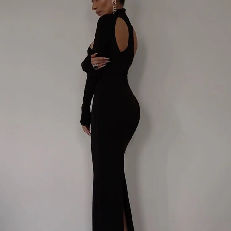 Winter 2023 Sexy Cut Out Black Turtleneck Bodycon Maxi Long Women Celebrity Fashion Evening Party Club Dress Vestido