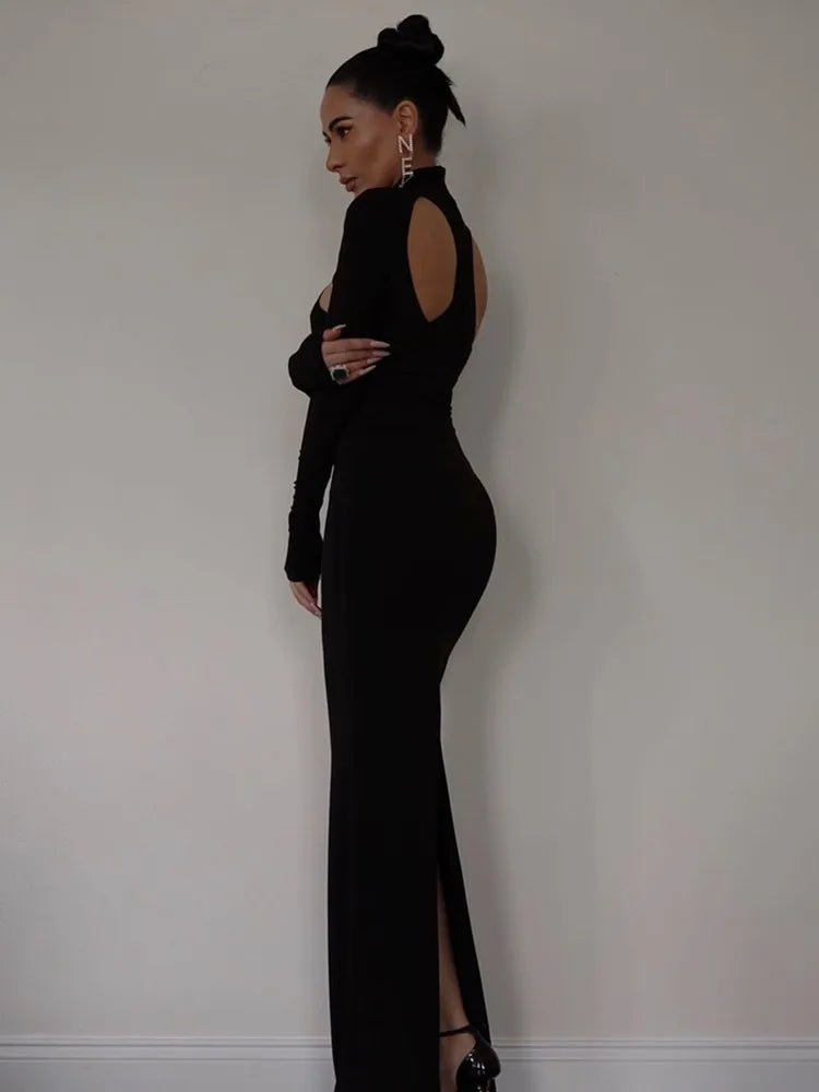 Winter 2023 Sexy Cut Out Black Turtleneck Bodycon Maxi Long Women Celebrity Fashion Evening Party Club Dress Vestido