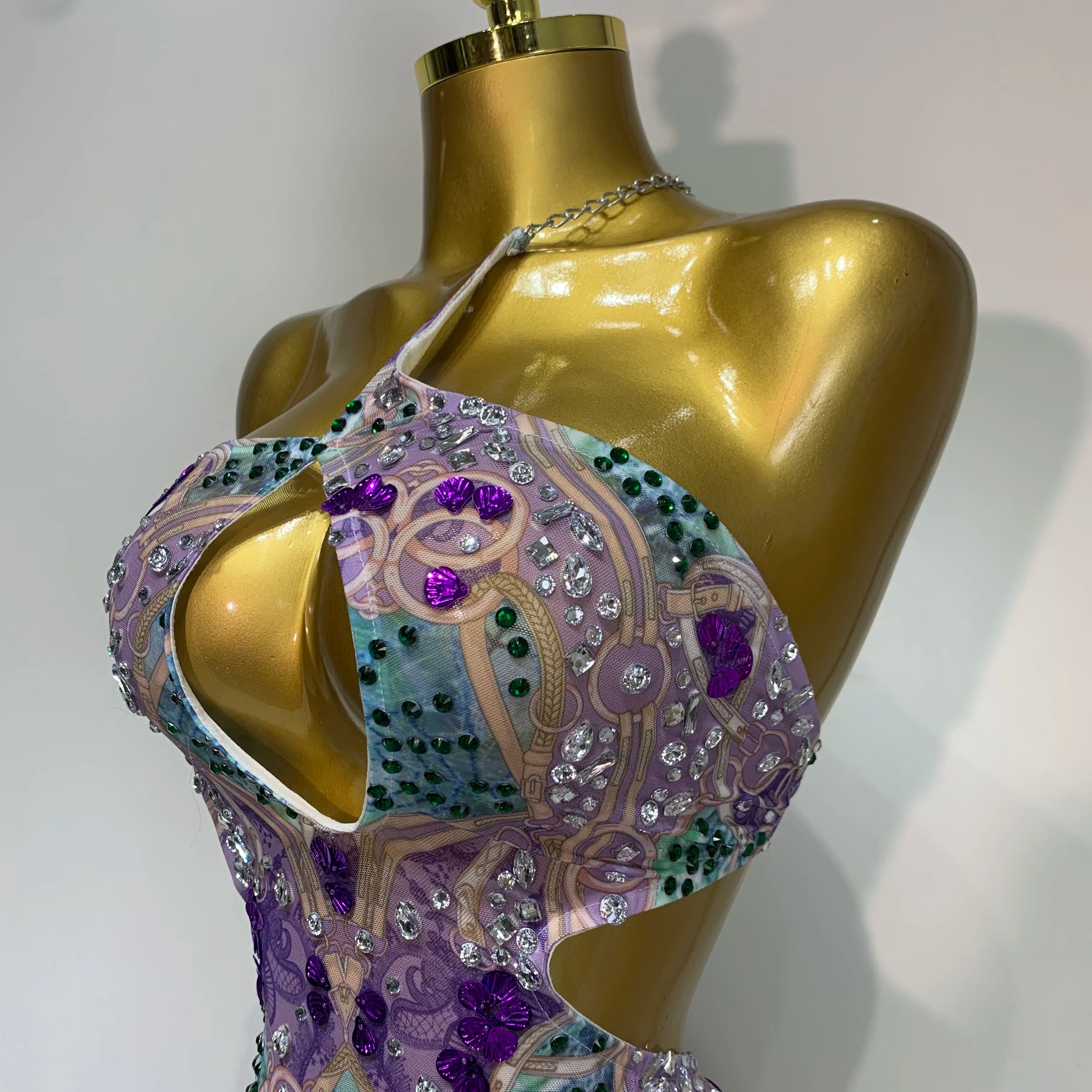 Sprakly Rhinestones Women Sexy Mesh See Through Hollow Out Mini Dress Luxury Birthday Birthday Photo Shoot Performance Costume