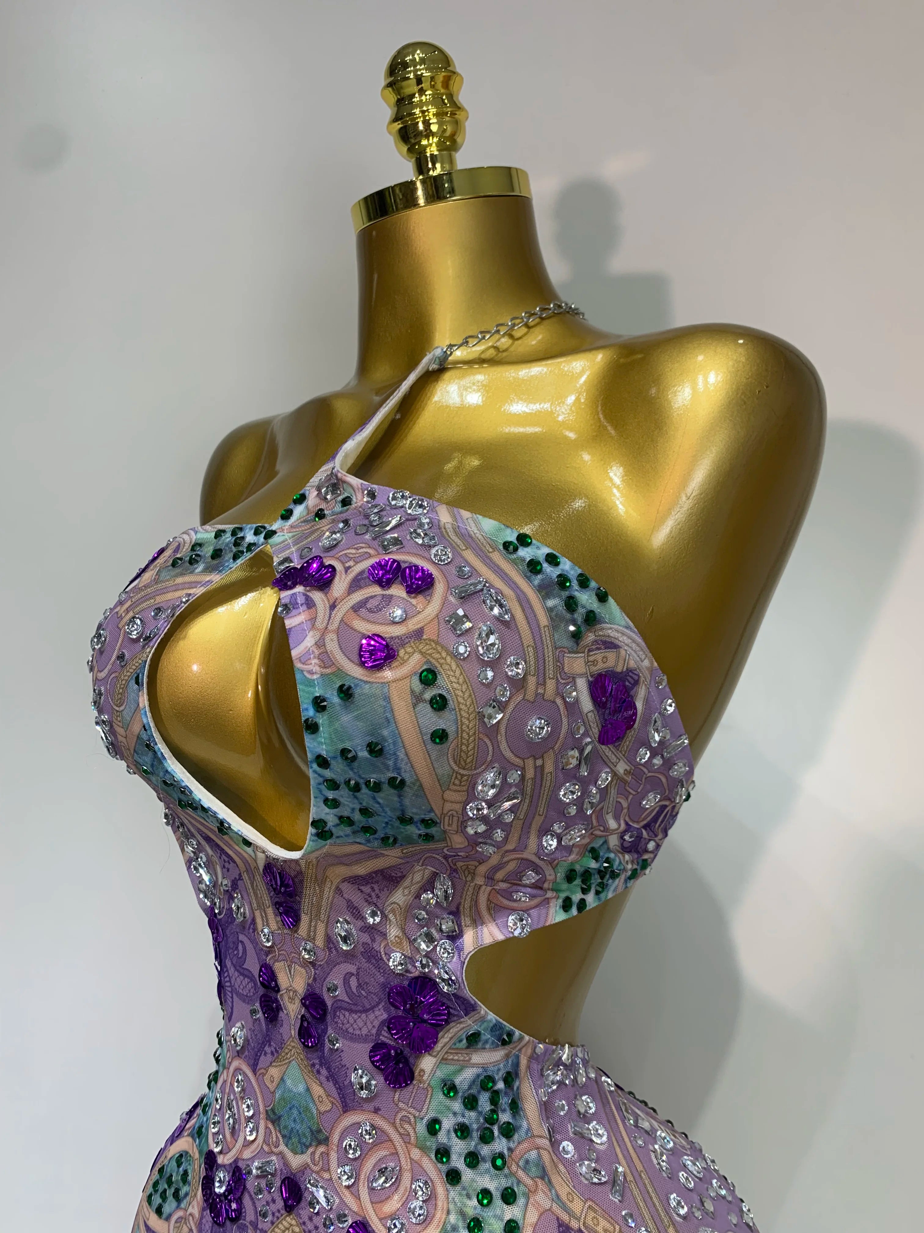 Sprakly Rhinestones Women Sexy Mesh See Through Hollow Out Mini Dress Luxury Birthday Birthday Photo Shoot Performance Costume