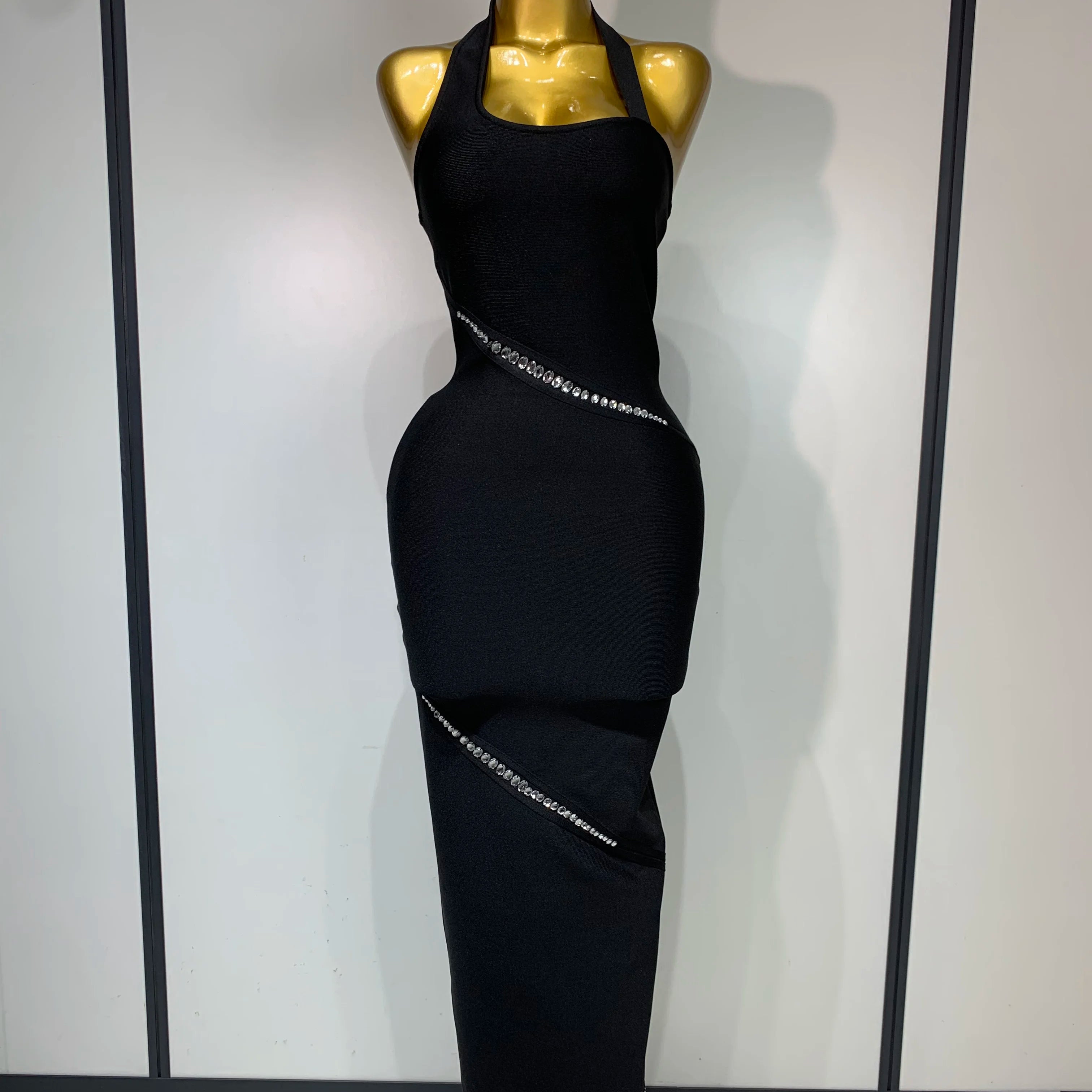 Women Celebrity Sexy Backless Halter Black Crystals Bandage Dress 2025 Knitted Elegant Evening Club Party Luxury Birthday Dress black