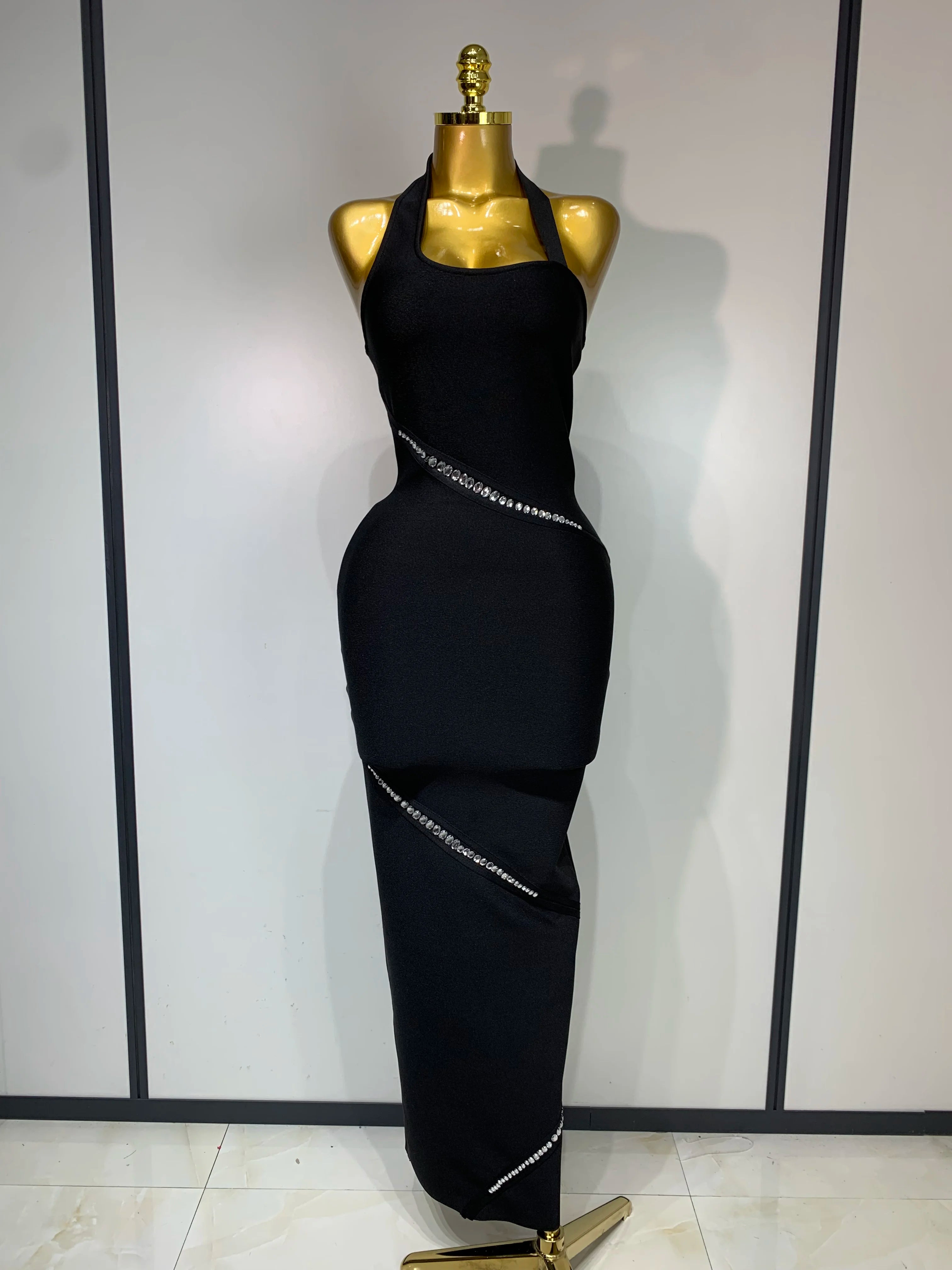 Women Celebrity Sexy Backless Halter Black Crystals Bandage Dress 2025 Knitted Elegant Evening Club Party Luxury Birthday Dress black