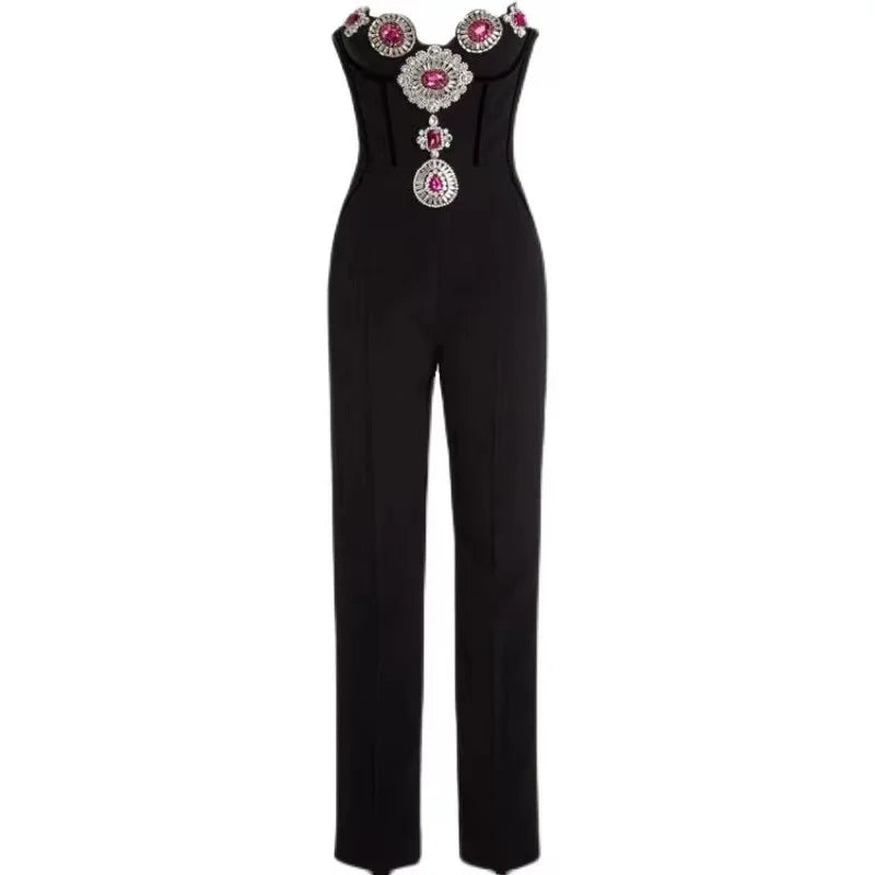 Fashion Celebrate Evening Party Wear Women Sexy Strapless Shinning Crystal Bodycon Bandage Jumpsuit Birthday Cocktail Wear black CHINA