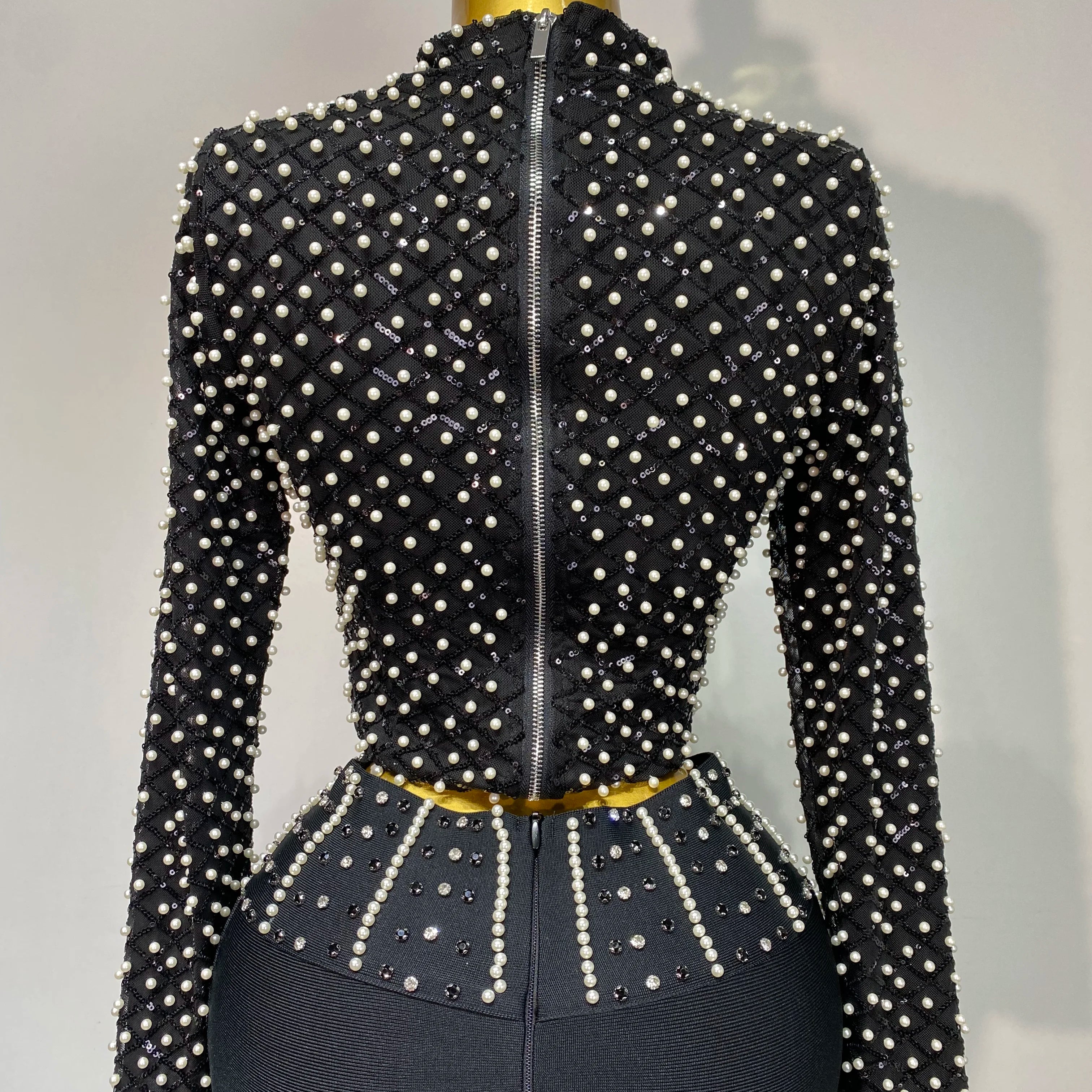 Women Long Sleeve Black Mesh Studded Dianonds Crystal Pearl Two Pieces Bandage Set Celebrity Sexy Evening Party Birthday Gown
