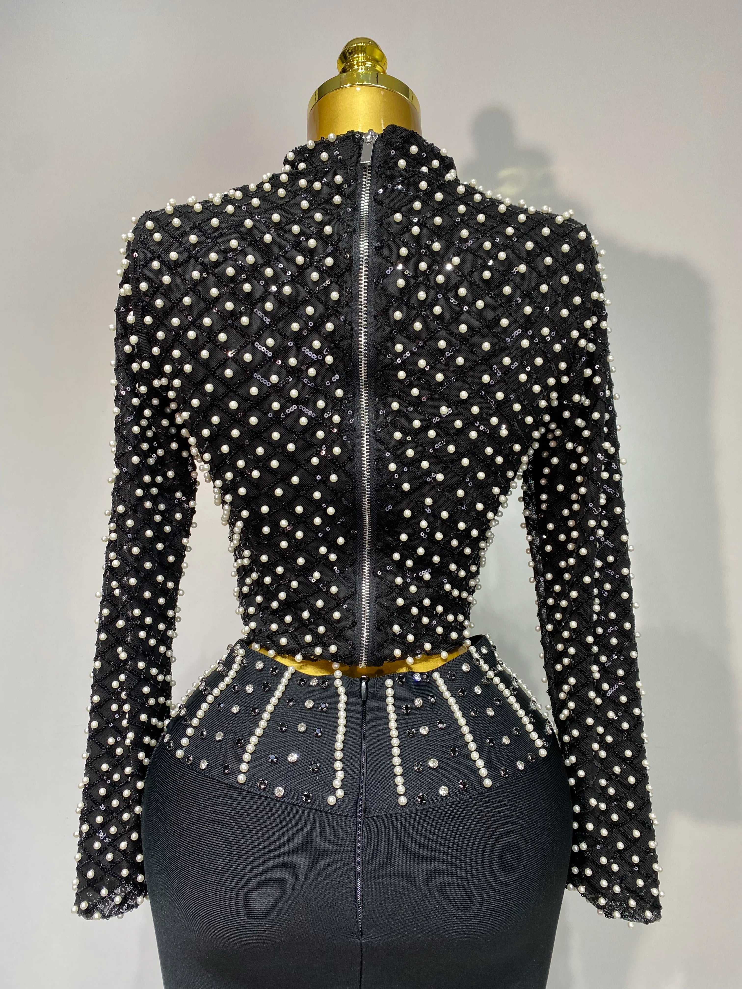 Women Long Sleeve Black Mesh Studded Dianonds Crystal Pearl Two Pieces Bandage Set Celebrity Sexy Evening Party Birthday Gown