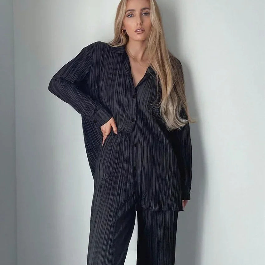 Pleated Solid Women Set Long Sleeve Shirts and Straight Wide Leg Pants Suits Tracksuit Two Piece Set Fitness Outfits black-01