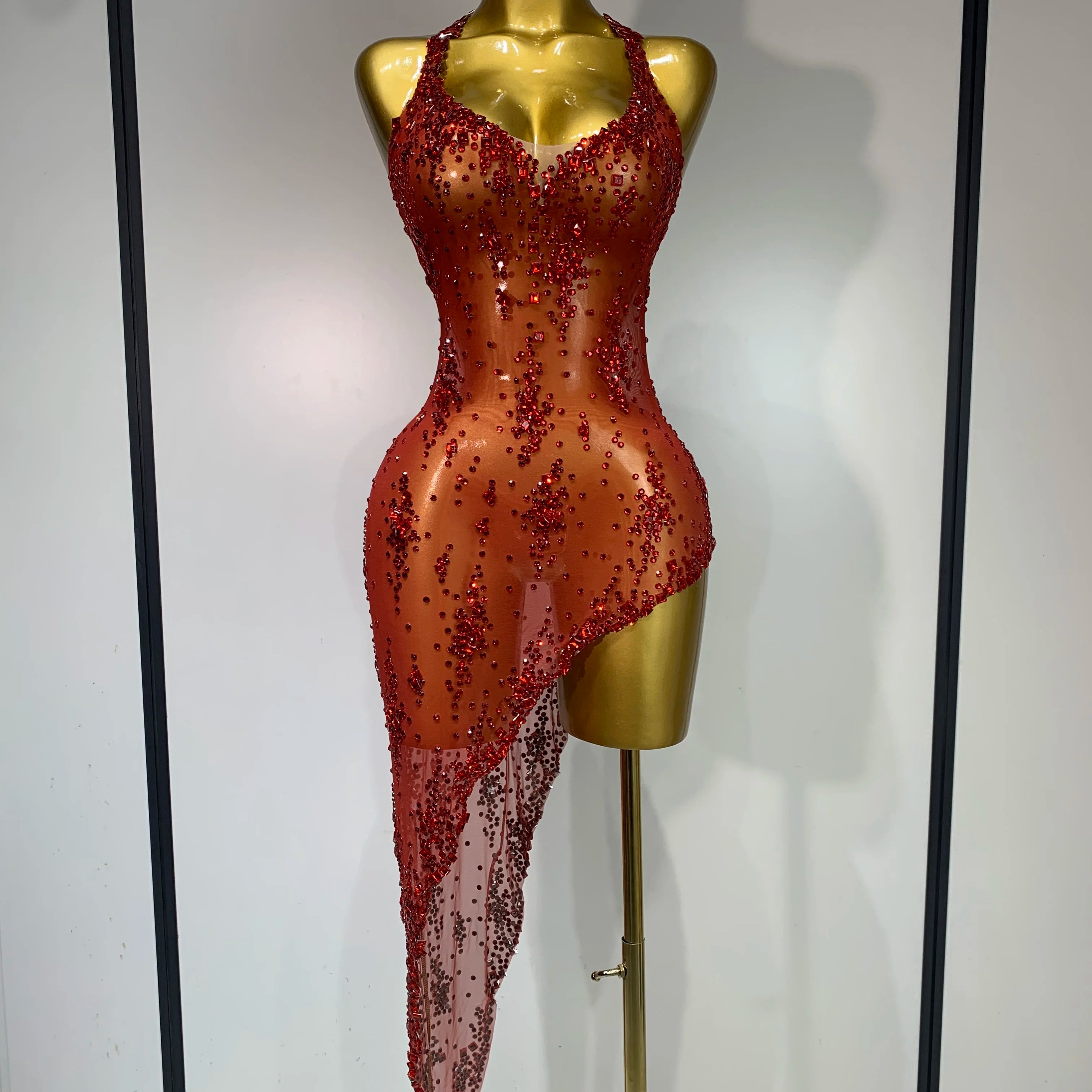 Women Sexy Luxury Birthday Prom Gowns Sparkly Diamond See Through Mesh Stretch Asymmetrical Dress Celebrity Elegant Stage Outfit Red
