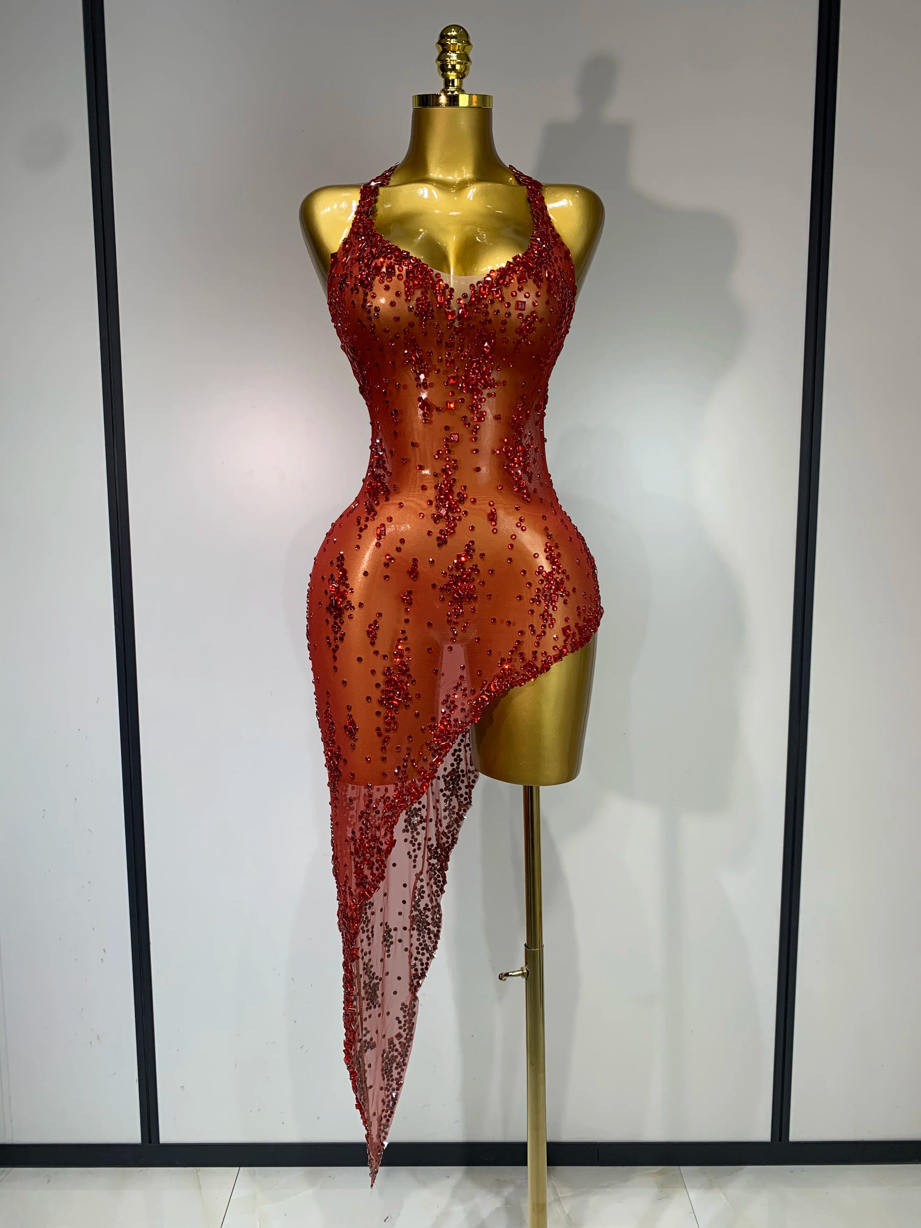 Women Sexy Luxury Birthday Prom Gowns Sparkly Diamond See Through Mesh Stretch Asymmetrical Dress Celebrity Elegant Stage Outfit Red