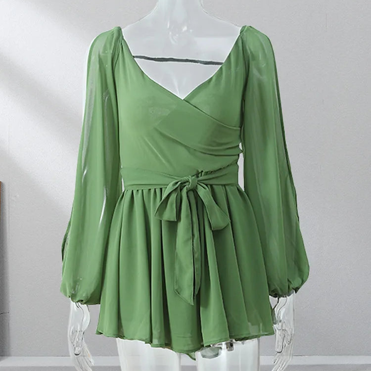 Summer Solid Pleated Mini Dress Women Sexy Slim V Neck Cut Out Long Sleeve Robes Summer Elegant Female Beach Party Streetwear Green