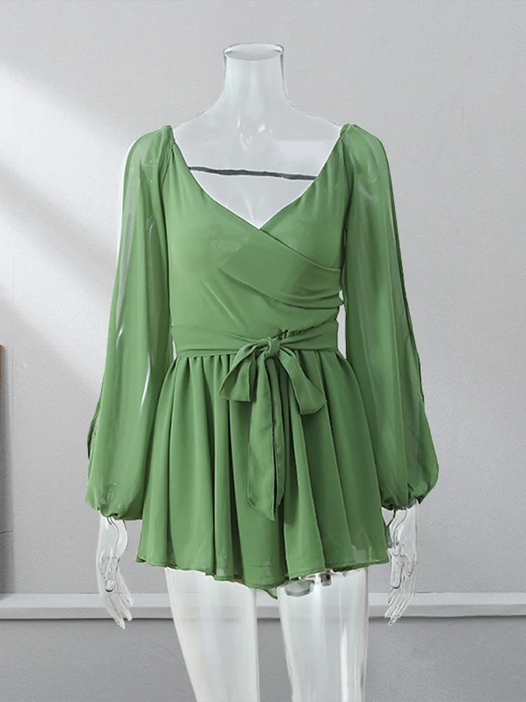 Summer Solid Pleated Mini Dress Women Sexy Slim V Neck Cut Out Long Sleeve Robes Summer Elegant Female Beach Party Streetwear Green