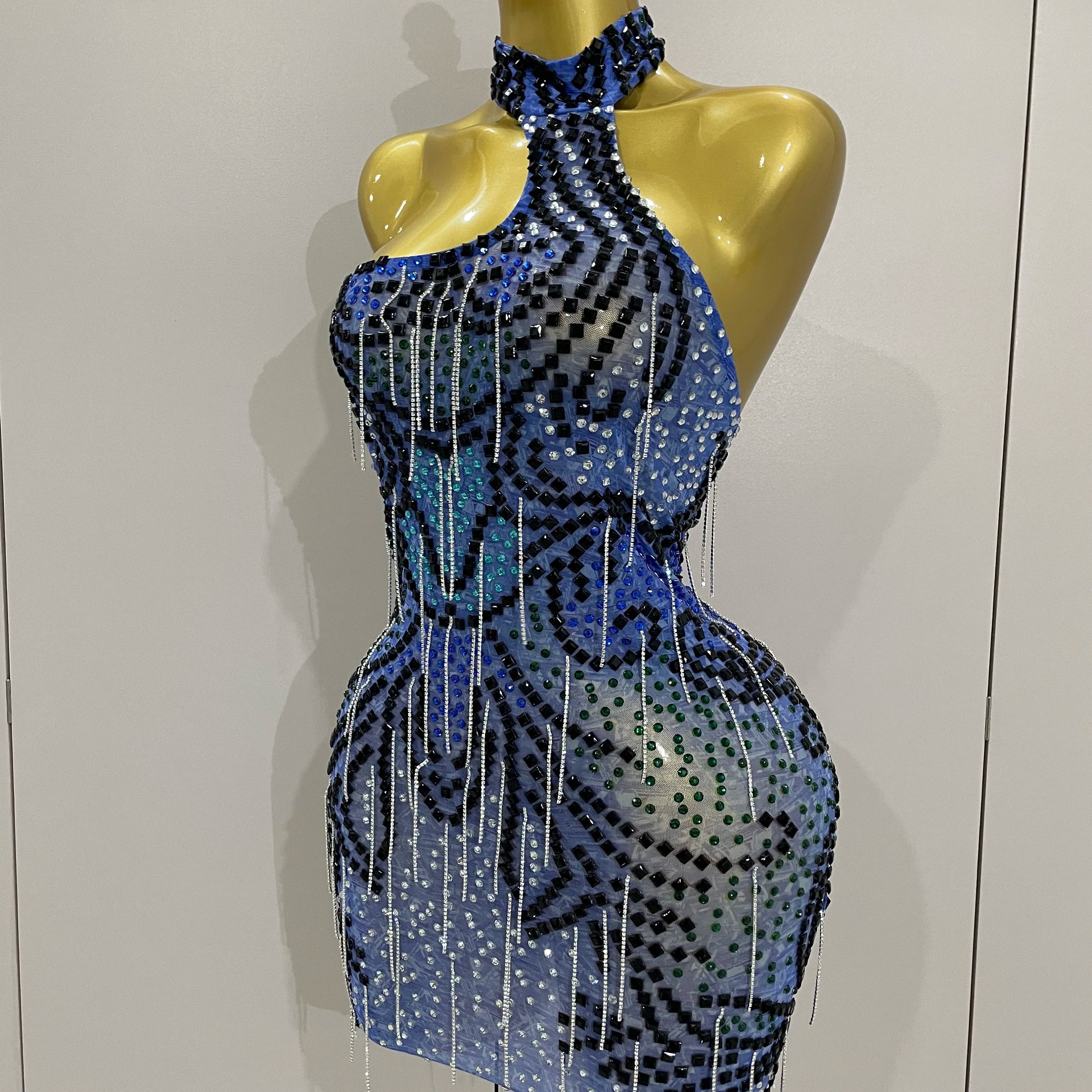 Sexy Sparkly Rhinestones Chains Blue Mesh Short Dress 2025 New Women Party Celebrate Birthday Dresses Photo Shoot Stage Wear