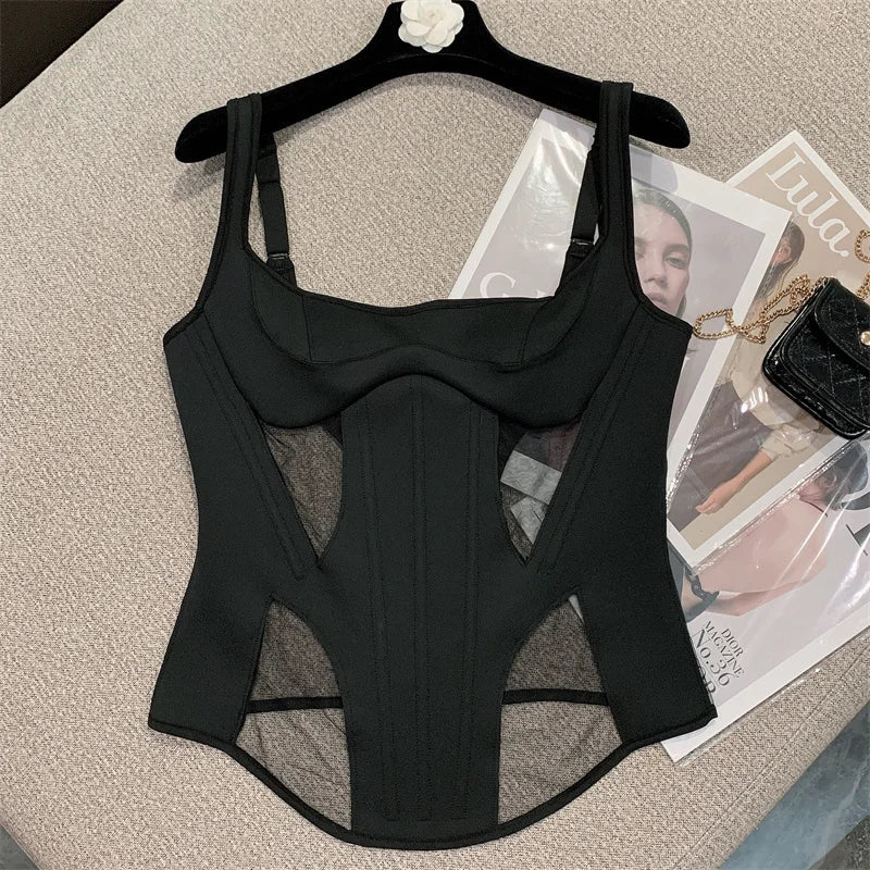 DEAT Summer New Sexy Hollow Out Mesh Patchwork Slim Suspend Women's Backless Black Color Sleeveless Tops Female 11XX3975 black