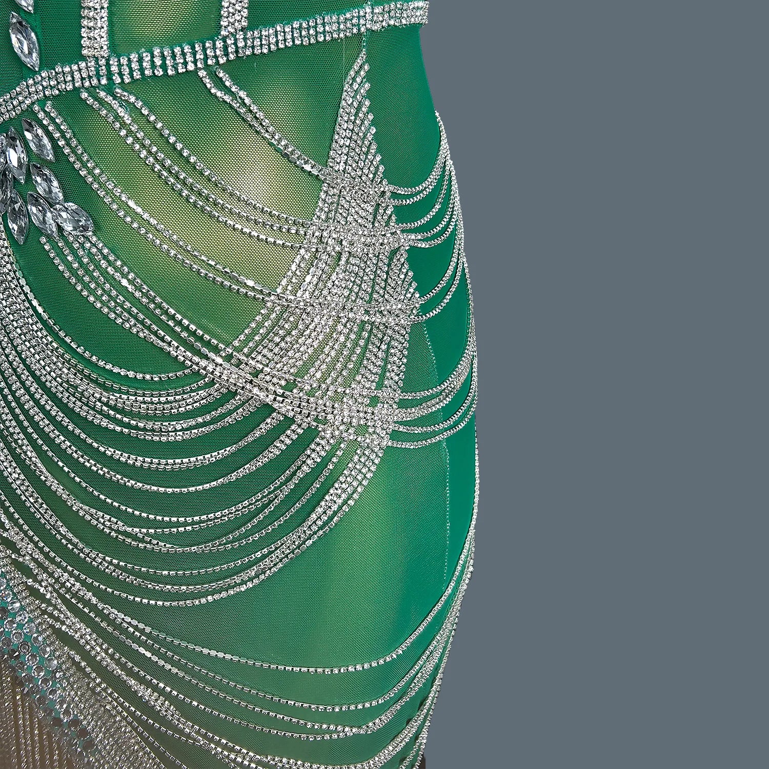 Women Green Crystal Chain Diamonds Dress Elastic Sexy Mini Night Club Performance Costume Birthday Party Dress Tassel Liehu